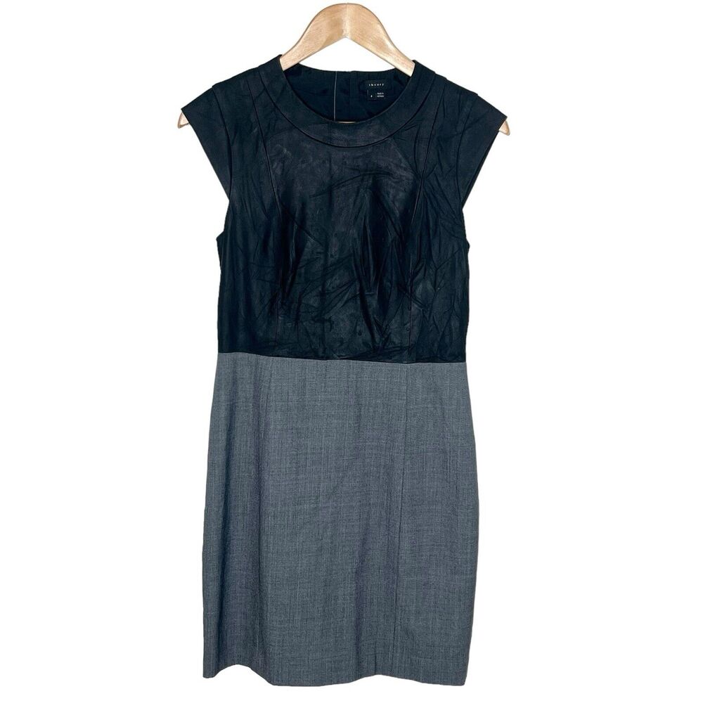 Theory Leather Dress Black Gray Womens 4 Sheath Short Sleeve Career Work